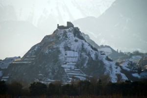 Sion and the Turbillon castle, view from the autoroute near Granges