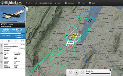 flightradar 24 track of hijacked ET702 plane that landed in Geneva, 17 February