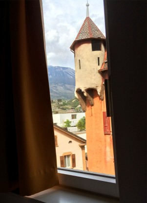 View from Hotel de la Poste bedroom in Sierre, canton Valais