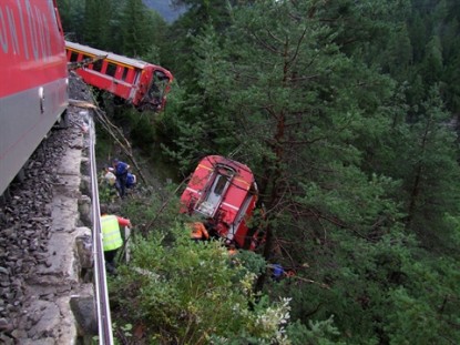Rhaetian Rail accident in canton Graubuenden, between Coire and St Moritz, with 3 derailed cars