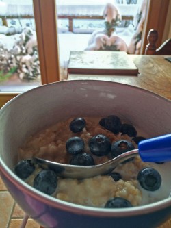 Porridge and blueberries with milk, snow outside for the skiers