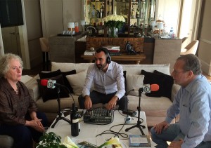 Ellen Wallace being interviewed by radio and TV "Travel Detective" Peter Greenberg: poetry in Swiss wines